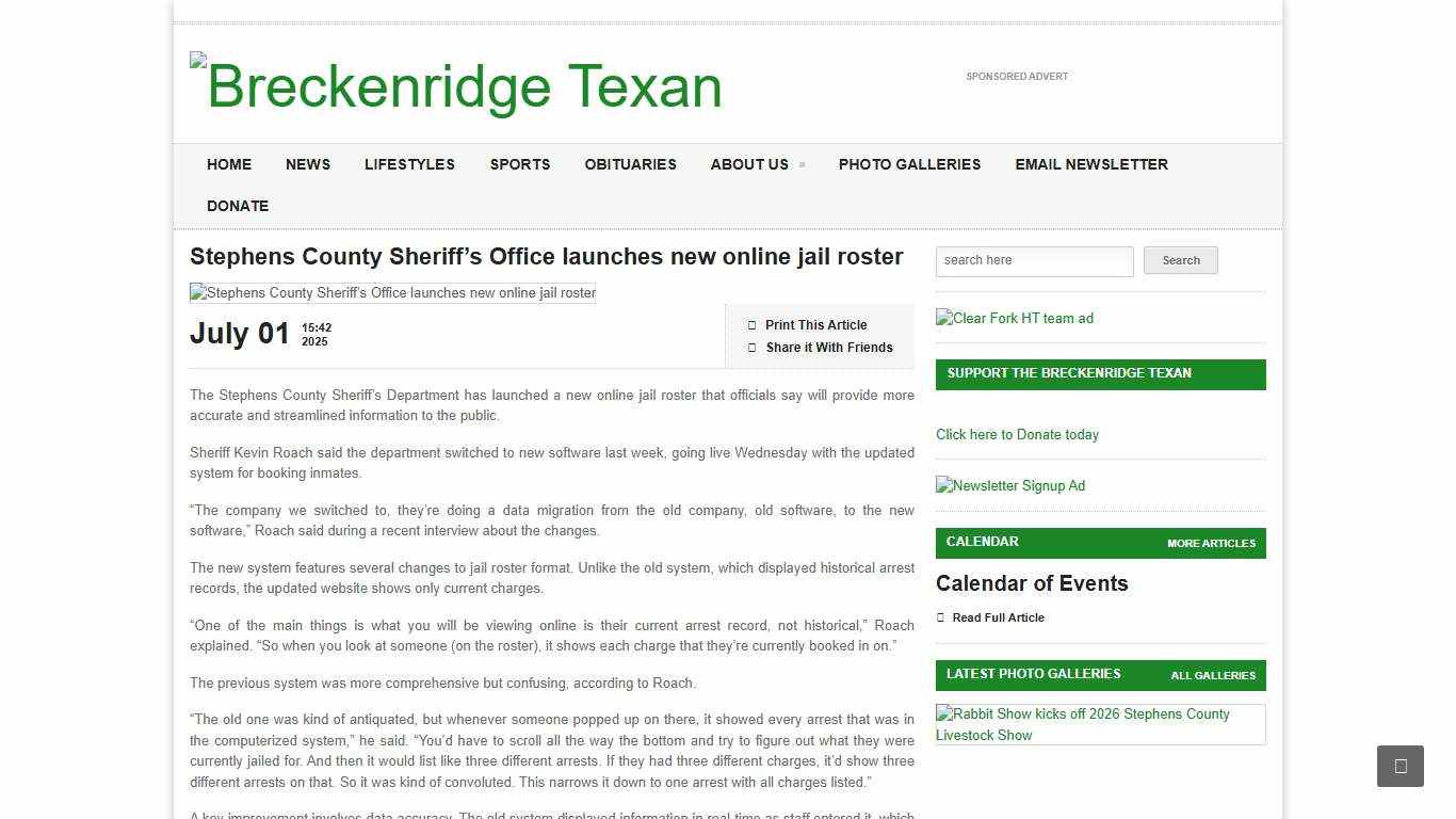 Stephens County Sheriff’s Office launches new online jail roster - Breckenridge Texan
